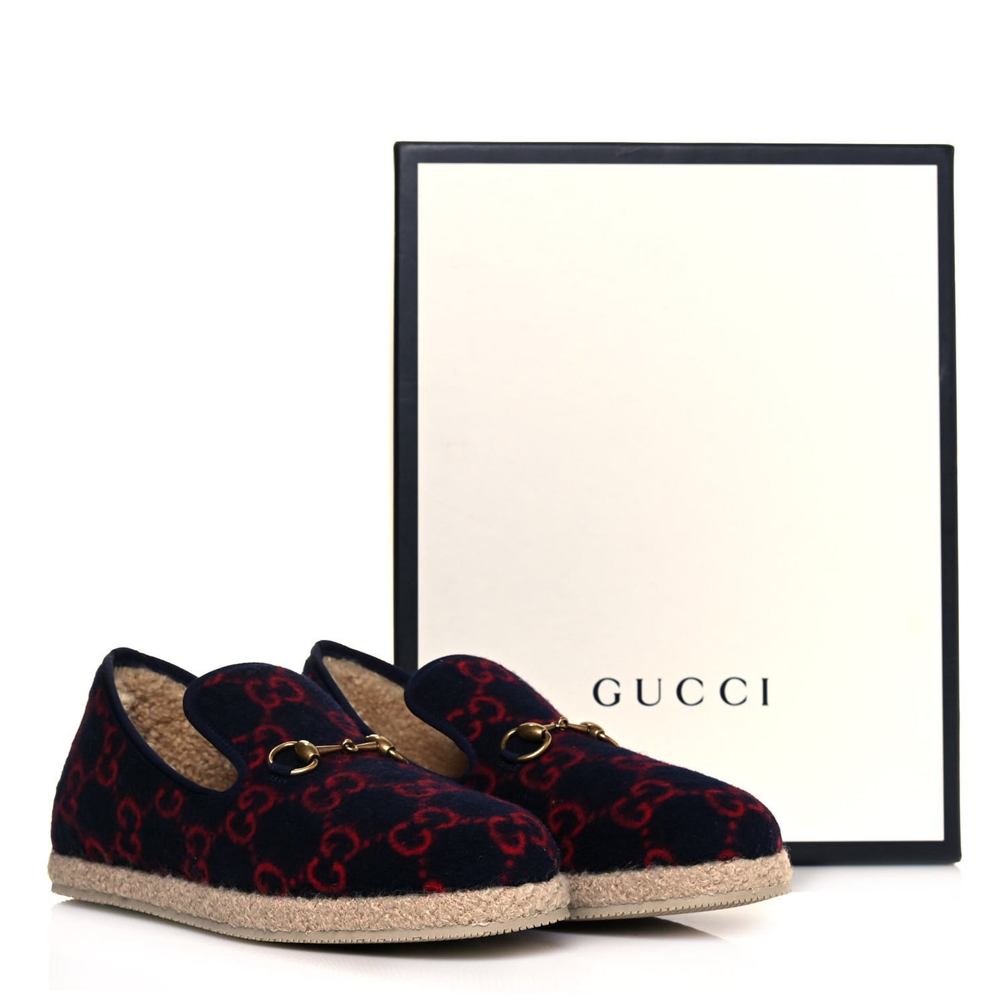 Covered Wool GG Monogram Mens Fria Horsebit Loafers 7.5 Blue Red Butterscotch