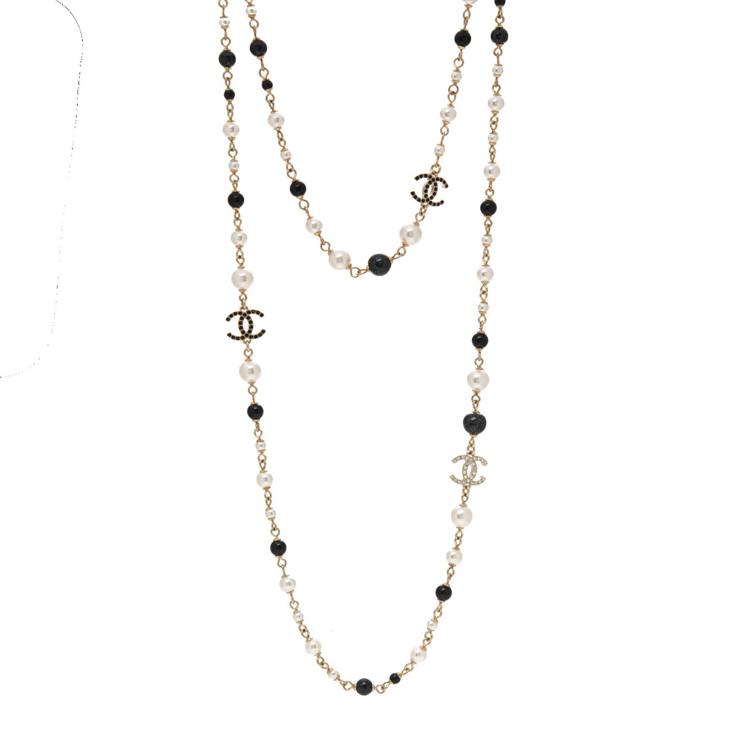 Pearl Bead Crystal CC Long Necklace Black Gold