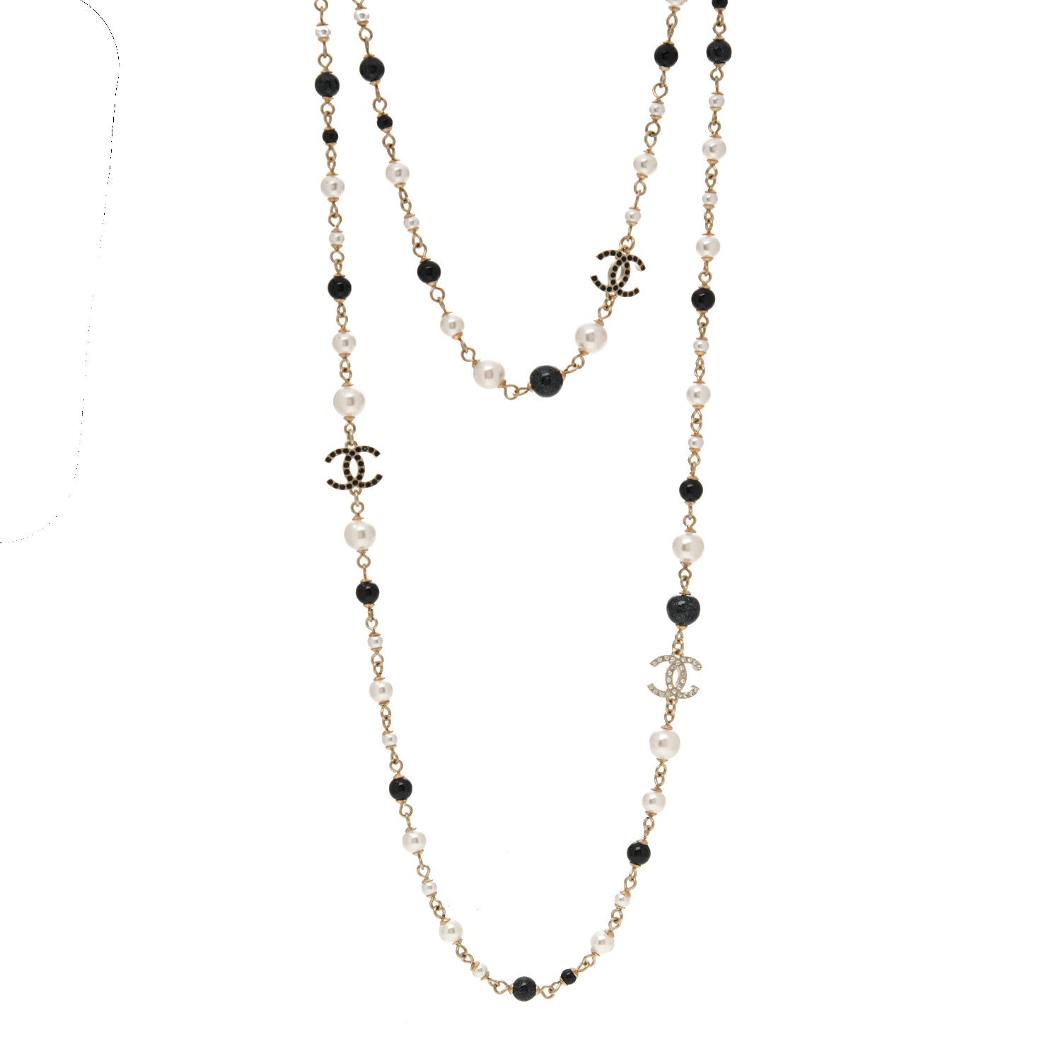 Chanel Pearl Bead Crystal CC Long Necklace Black Gold 1 of 5