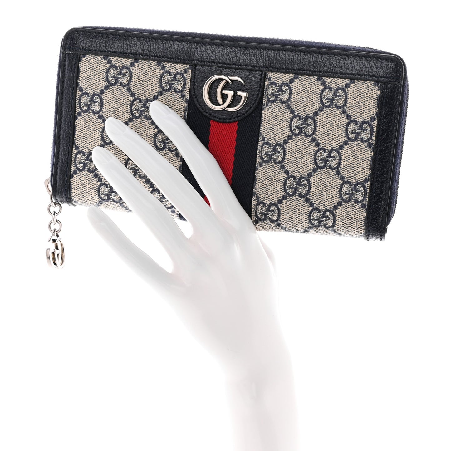 GG Supreme Monogram Textured Dollar Calfskin Web Ophidia Zip Around Wallet Beige Blue