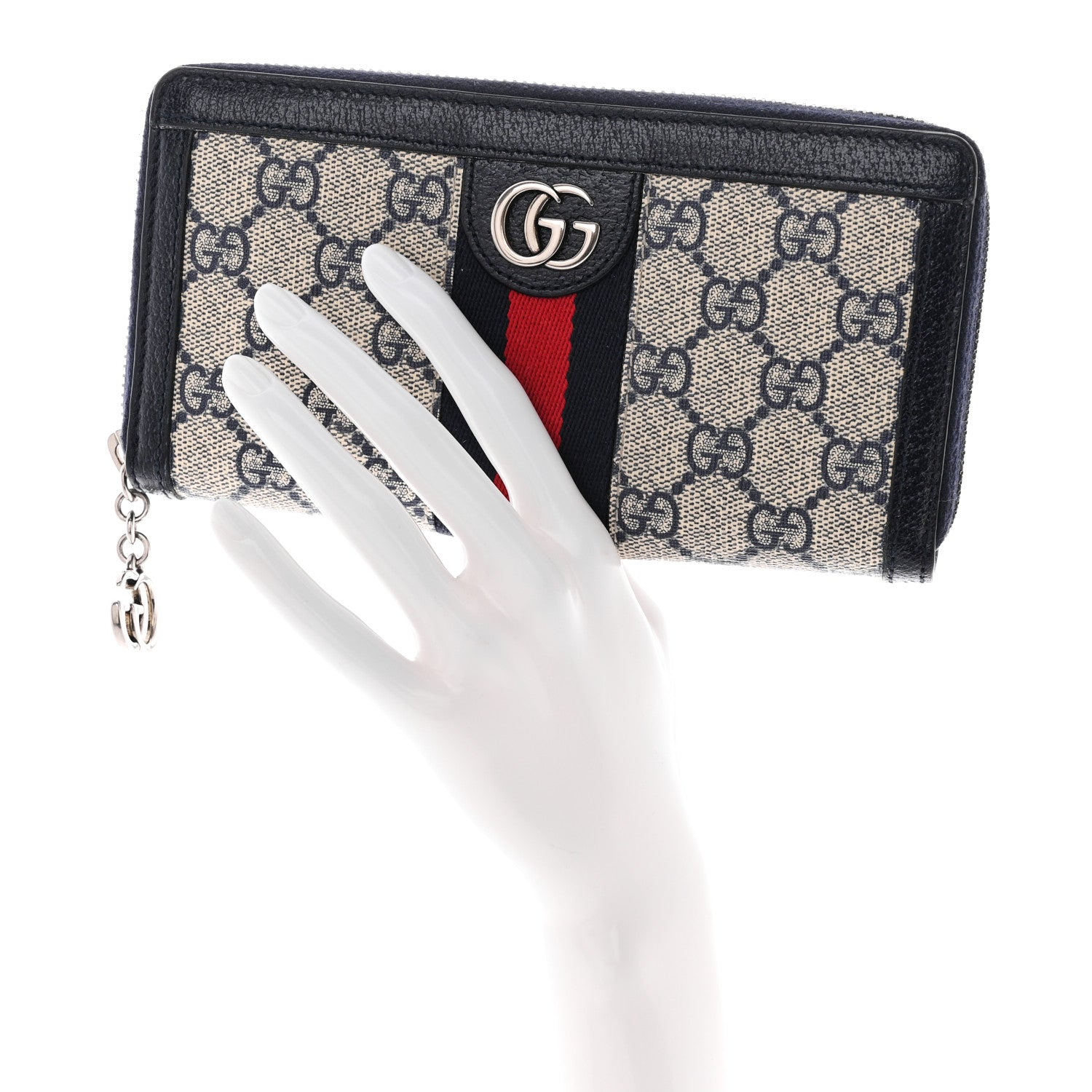 Gucci GG Supreme Monogram Textured Dollar Calfskin Web Ophidia Zip Around Wallet Beige Blue 2 of 11