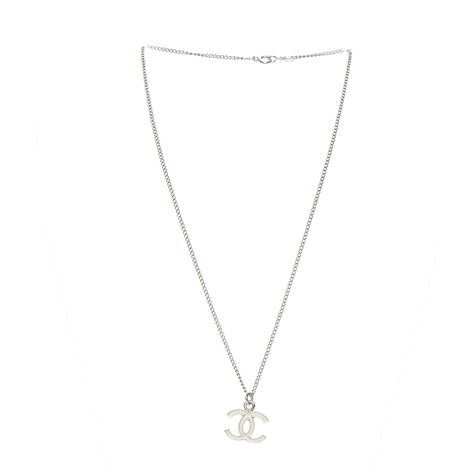 Chanel Enamel CC Necklace Silver White 4 of 6