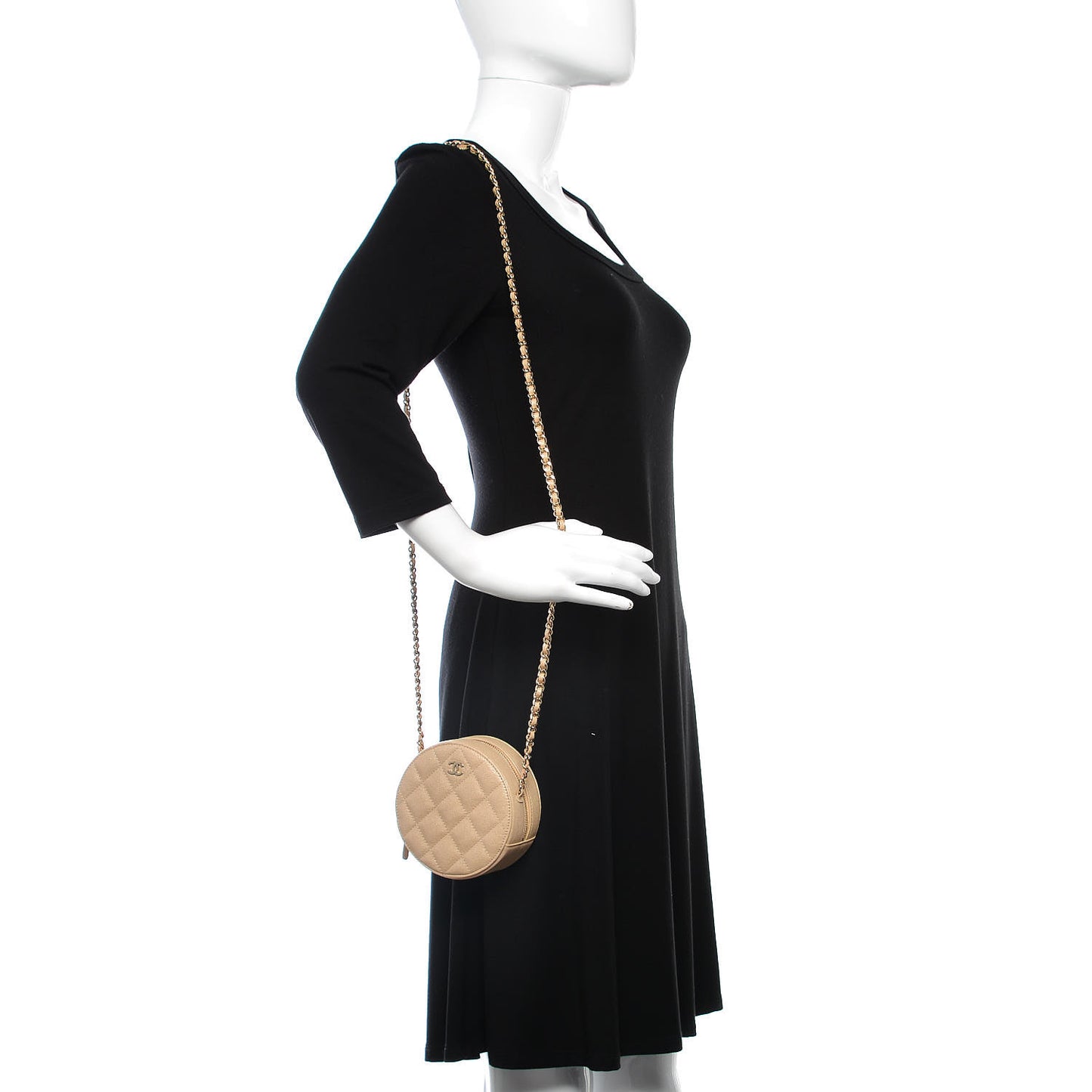 Caviar Quilted Round Clutch With Chain Beige