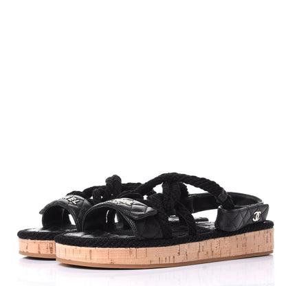 Chanel Cord Lambskin Quilted Logo Sandals 38 Black 3 of 11