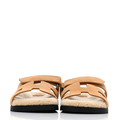 Hermes Suede Goatskin Woolskin Womens Chypre Sandals 38 Golden Beige 2 of 4