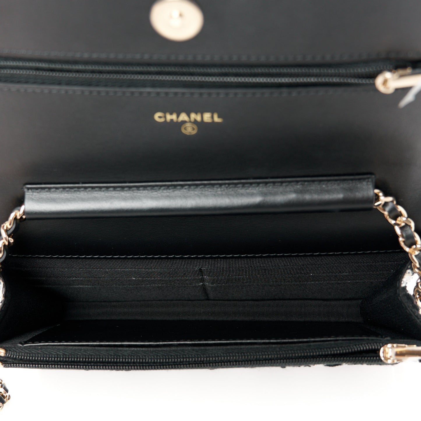 Tweed Quilted Wallet On Chain WOC Black Ecru White