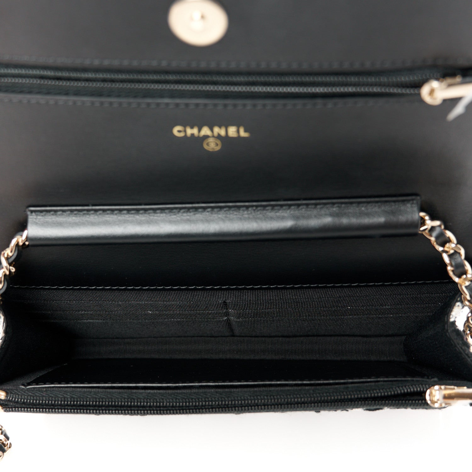 Chanel Tweed Quilted Wallet On Chain WOC Black Ecru White 4 of 11