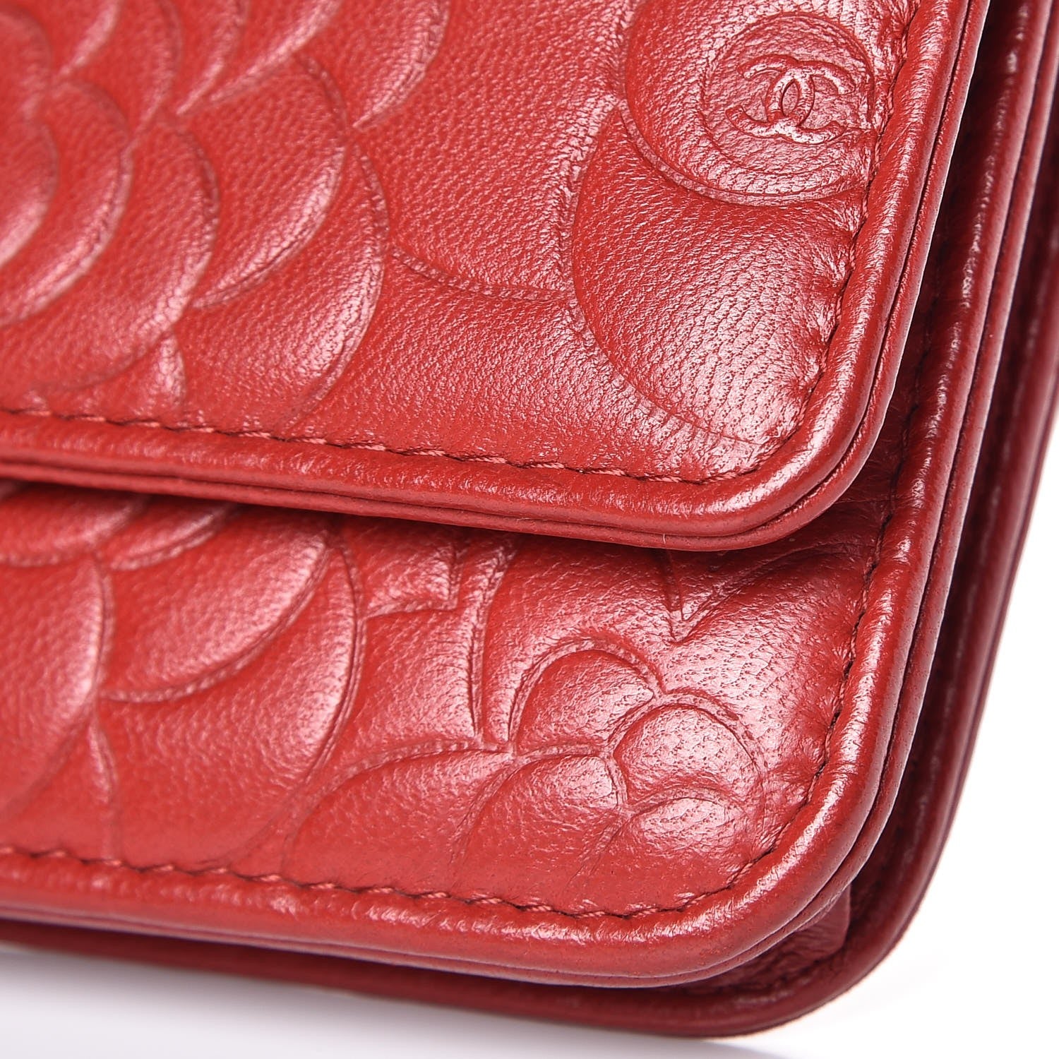Chanel Lambskin Camellia Embossed Wallet On Chain WOC Dark Red 14 of 14
