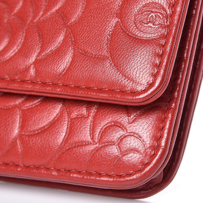 Chanel Lambskin Camellia Embossed Wallet On Chain WOC Dark Red 14 of 14