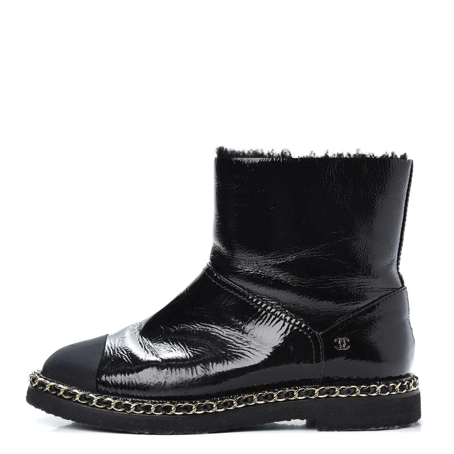Crumpled Calfskin Shearling Womens Cap Toe Chain Short Boots 39 Black