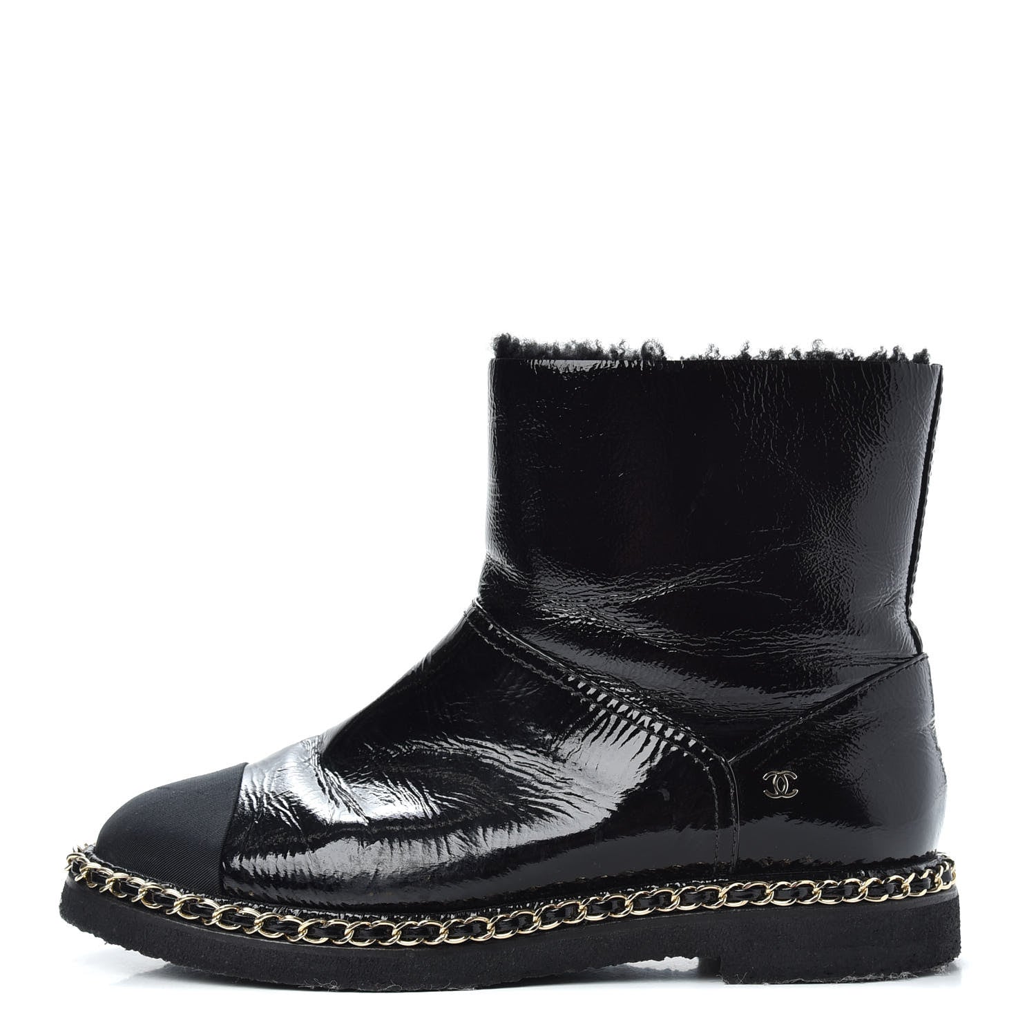 Chanel Crumpled Calfskin Shearling Womens Cap Toe Chain Short Boots 39 Black 1 of 9