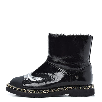 Chanel Crumpled Calfskin Shearling Womens Cap Toe Chain Short Boots 39 Black 1 of 9