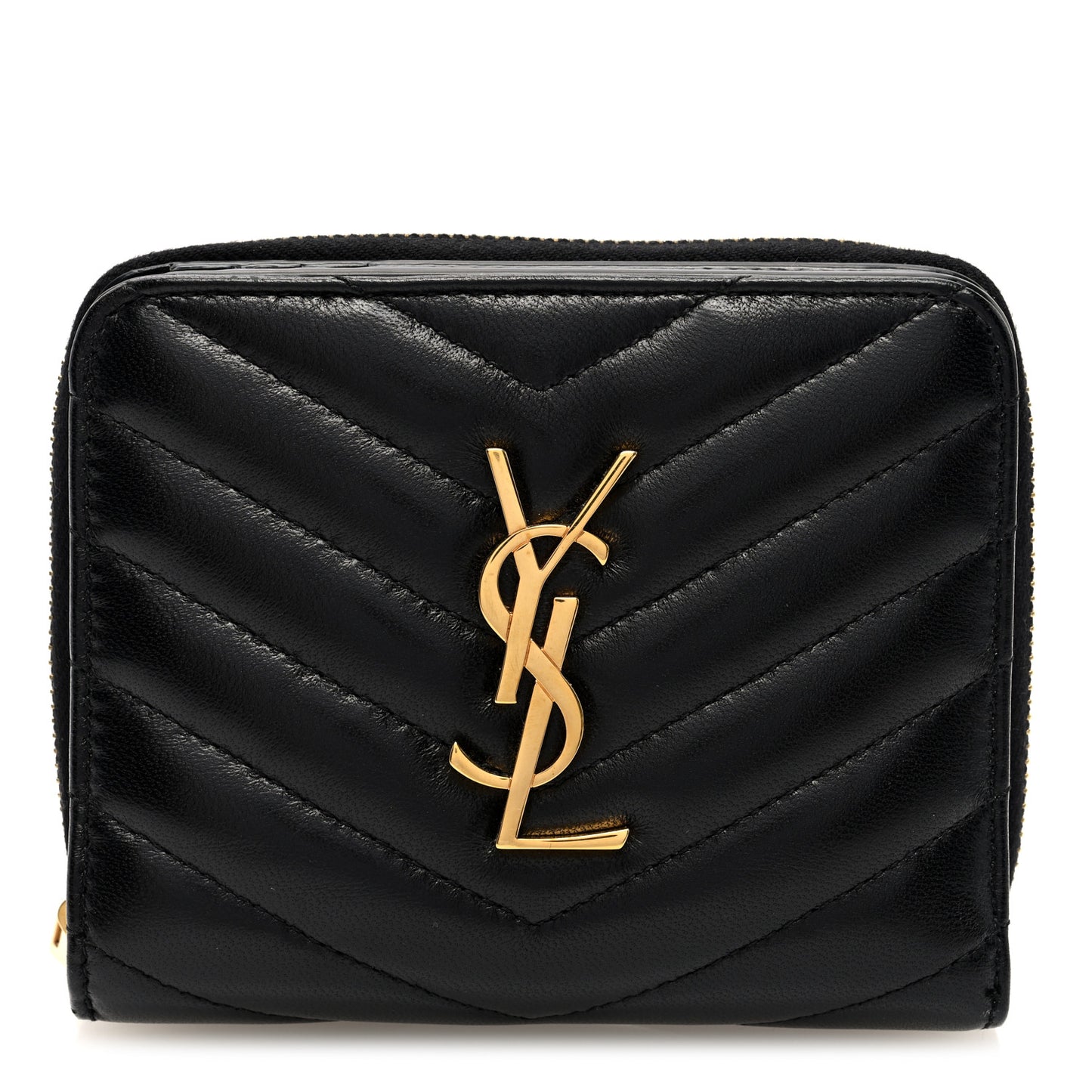 Lambskin Matelasse Chevron Monogram Compact Zip Around Wallet Black