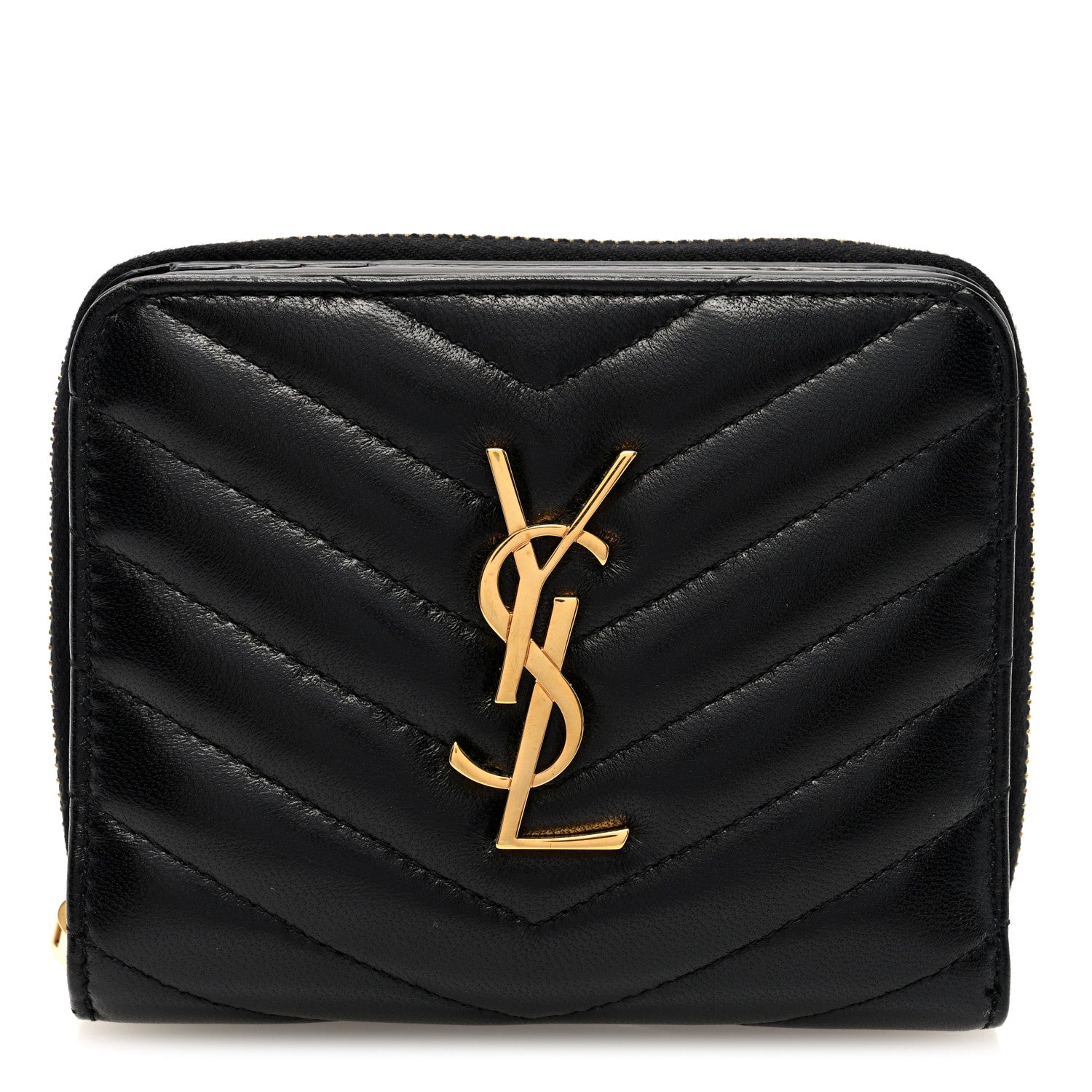 Saint Laurent Lambskin Matelasse Chevron Monogram Compact Zip Around Wallet Black 1 of 8