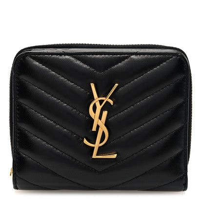 Saint Laurent Lambskin Matelasse Chevron Monogram Compact Zip Around Wallet Black 1 of 8