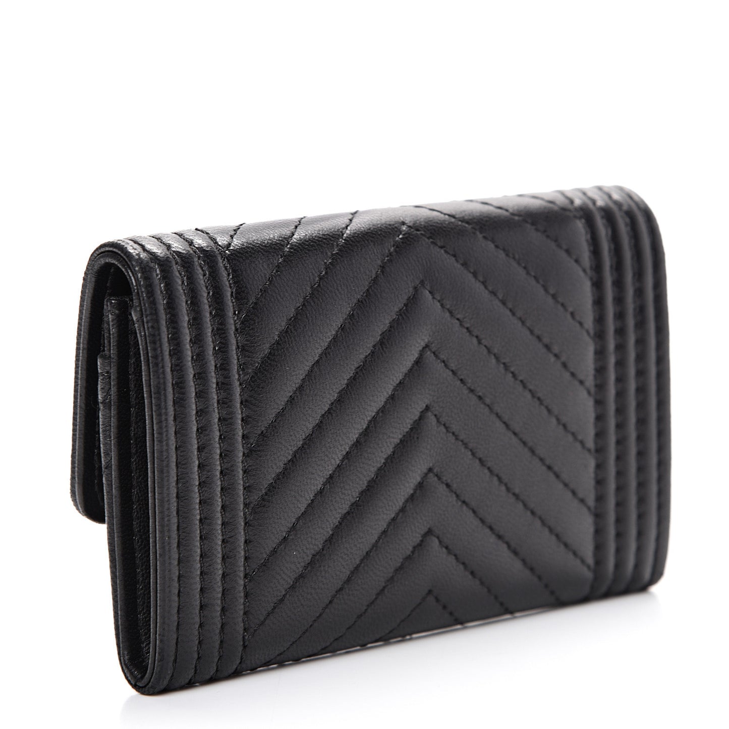 Lambskin Chevron Quilted Boy Card Holder Wallet Black