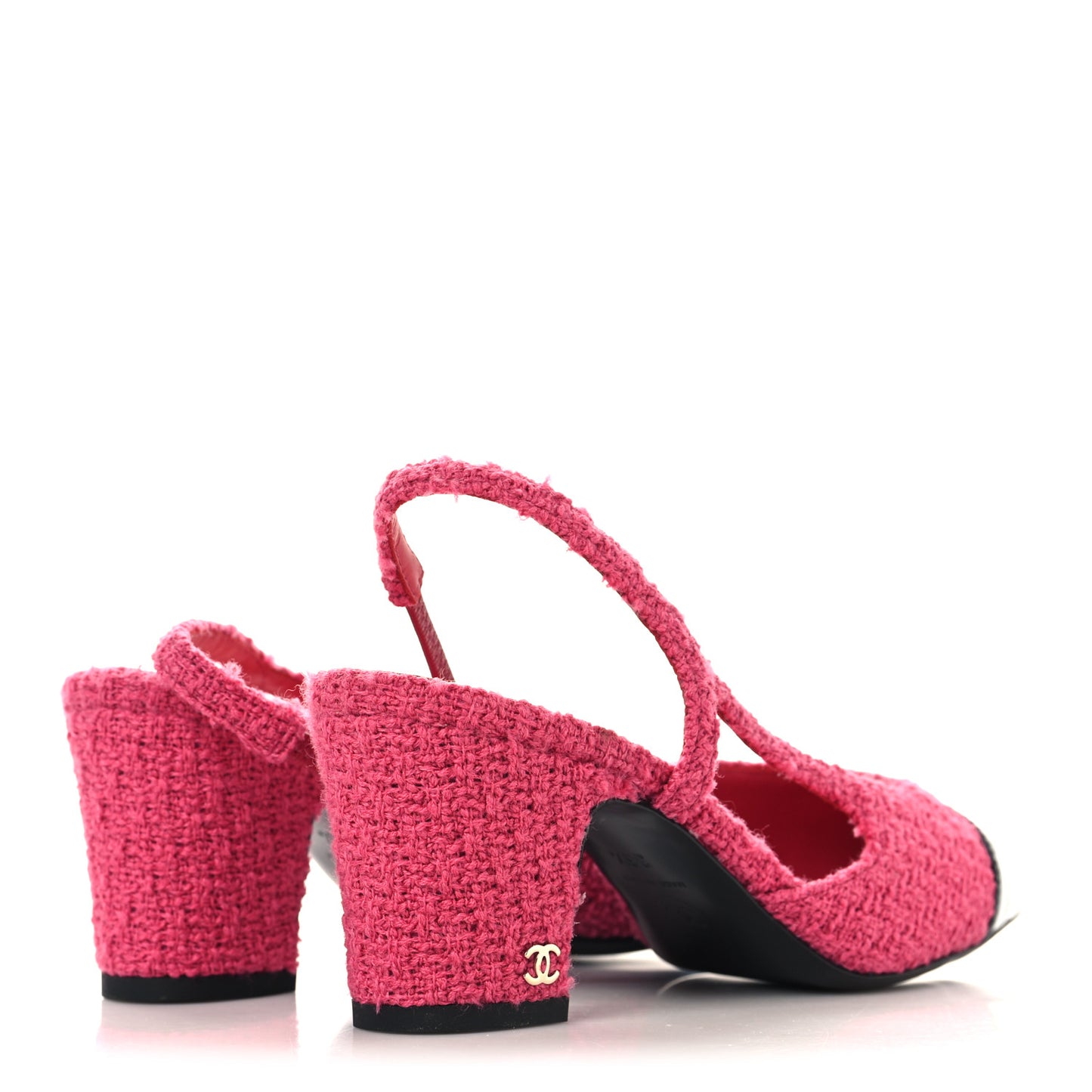 Tweed Patent Cap Toe CC Slingback Pumps 36.5 Pink Black