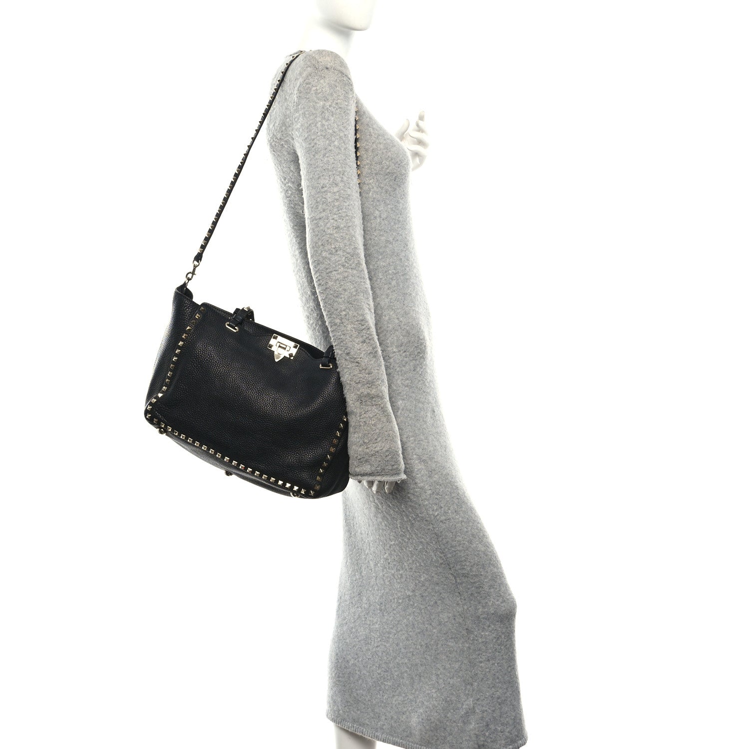 Valentino Garavani Pebbled Calfskin Medium Rockstud Tote Black