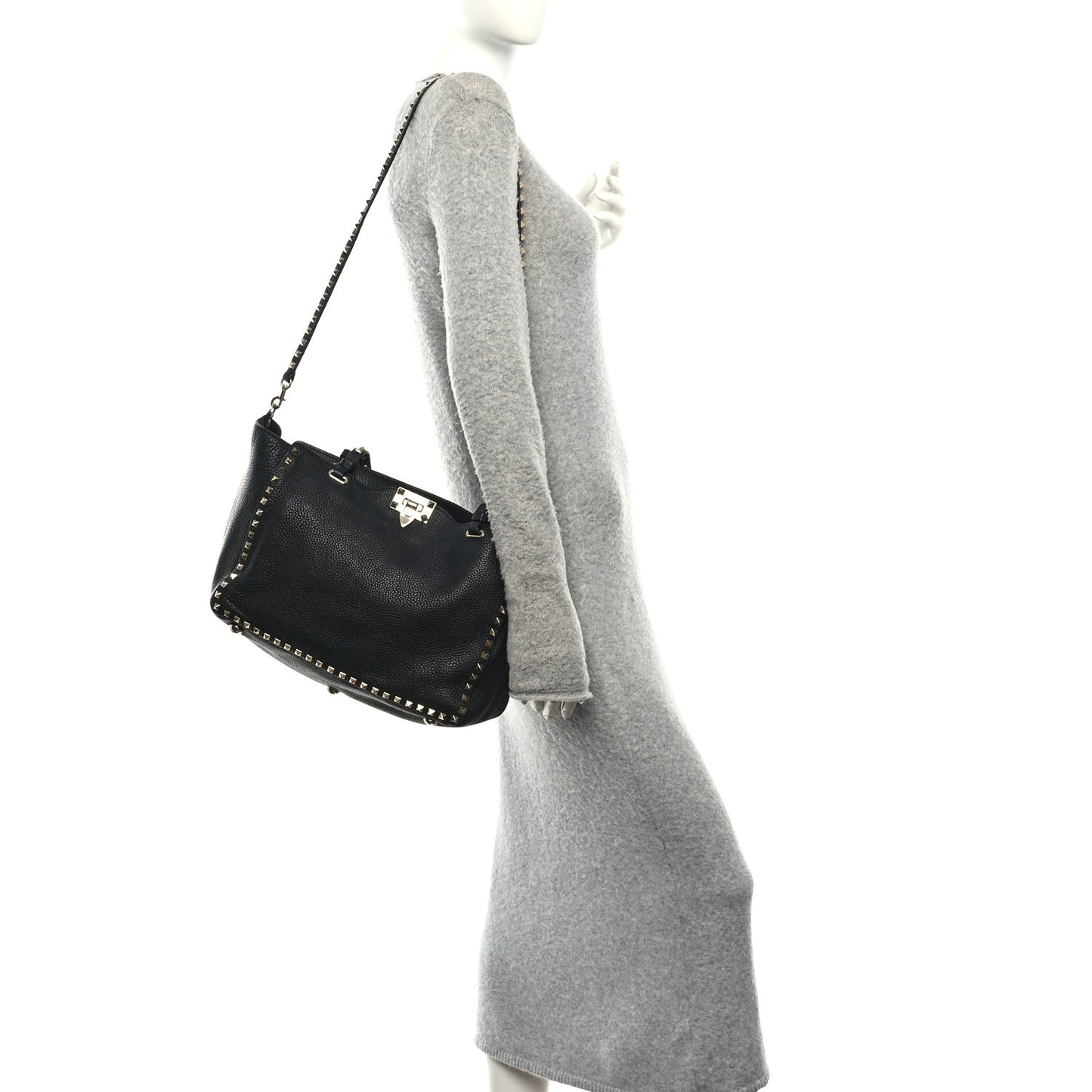 Pebbled Calfskin Medium Rockstud Tote Black