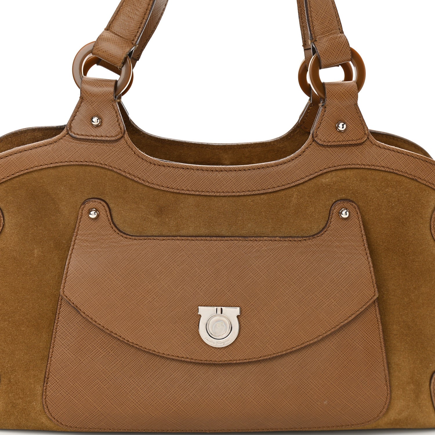 Salvatore Ferragamo Suede Printed Calfskin Gancini Satchel Brown 7 of 11