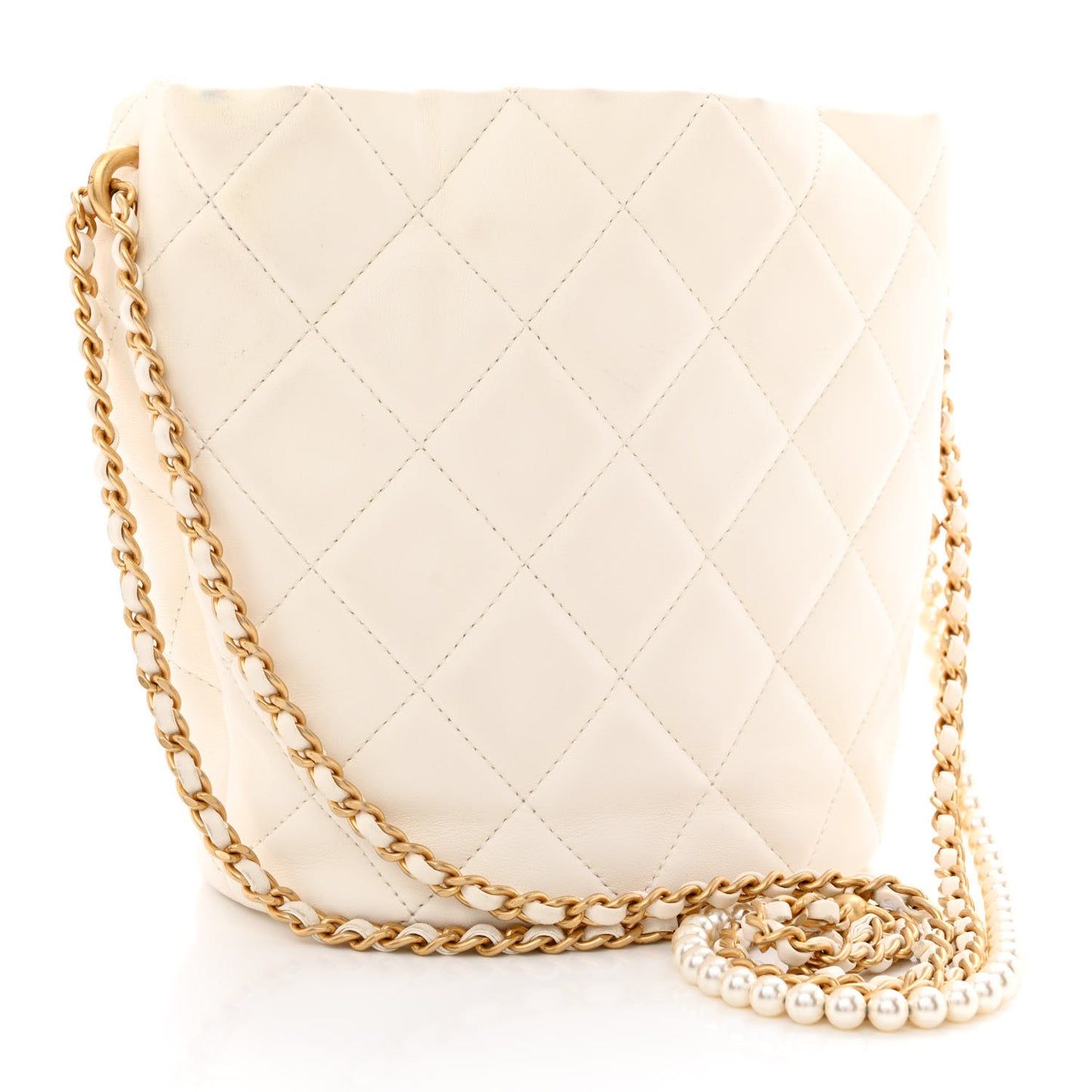 Lambskin Quilted My Perfect Chain Bucket Drawstring Bag White