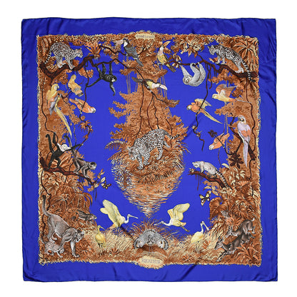 Hermes Silk Mousseline Equateur Shawl 140 Bleu Klein Marron Jaune Pale 1 of 7