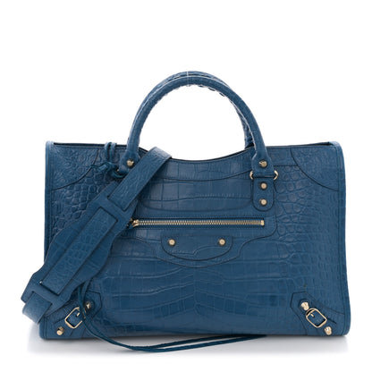 Balenciaga Calfskin Crocodile Embossed Classic Silver Hardware City Bleu Marine 1 of 15