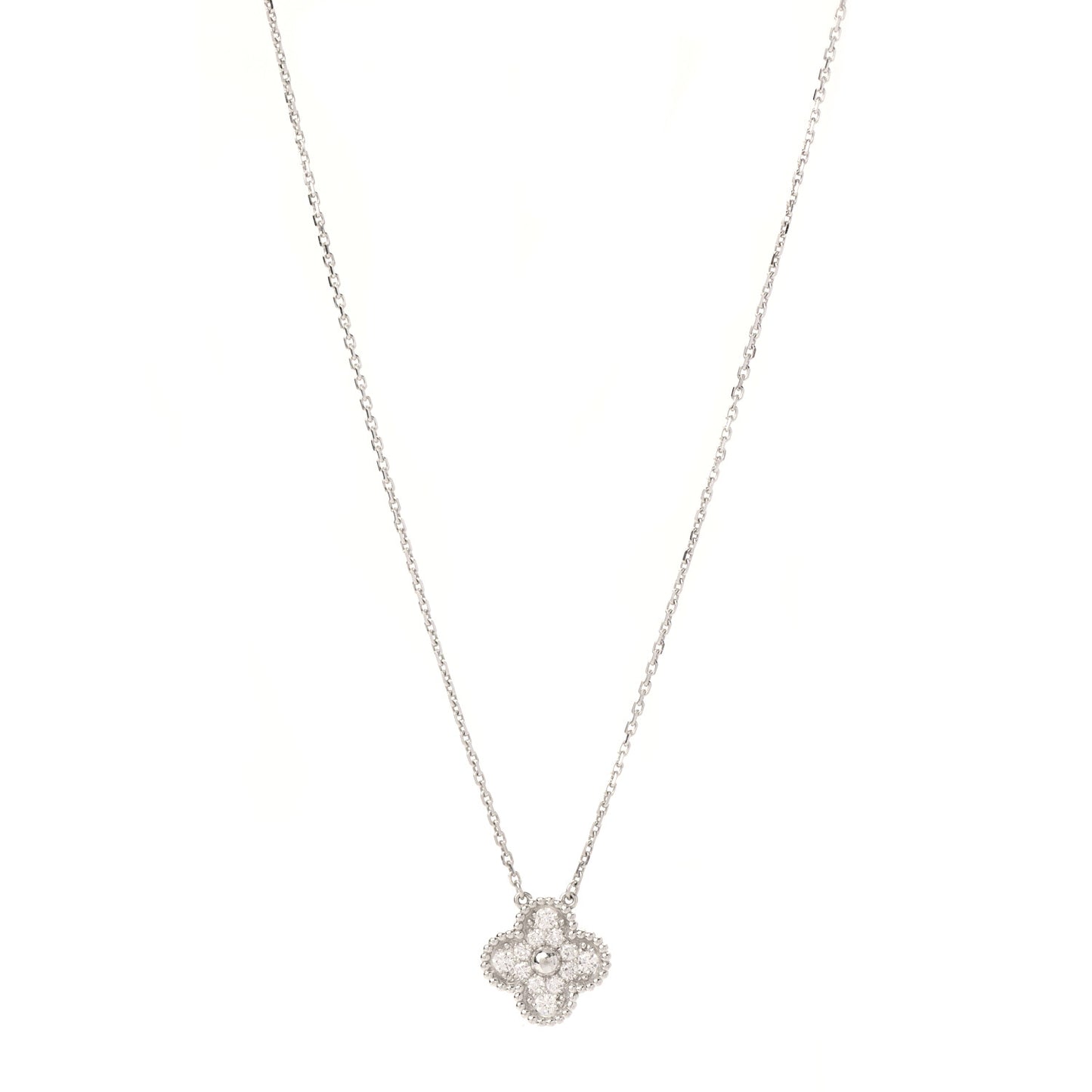 18K White Gold Diamond Vintage Alhambra Pendant Necklace