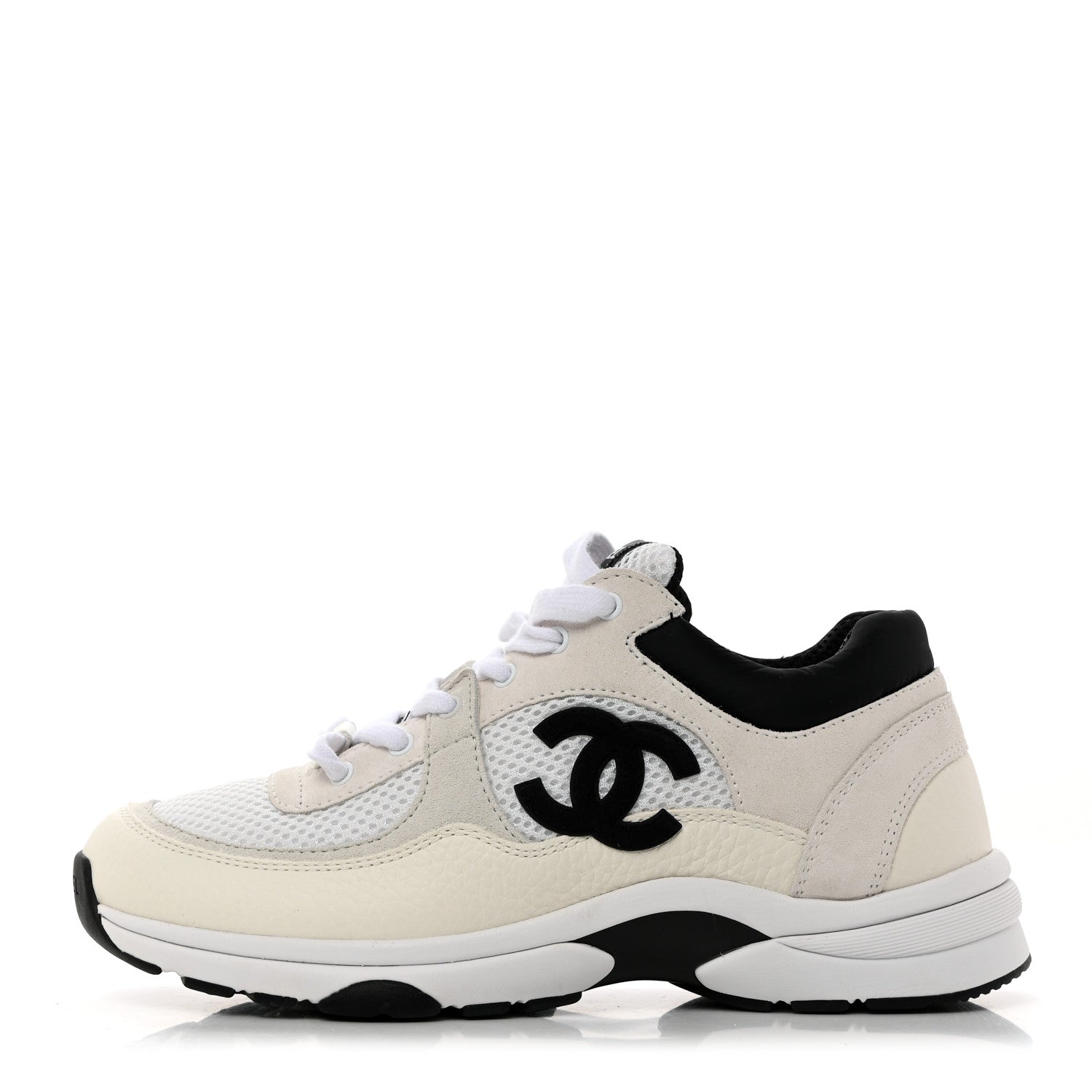 Chanel Mesh Suede Calfskin Grained Calfskin Womens CC Sneakers 37 White Black 1 of 8