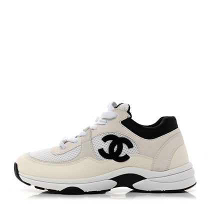 Chanel Mesh Suede Calfskin Grained Calfskin Womens CC Sneakers 37 White Black 1 of 8