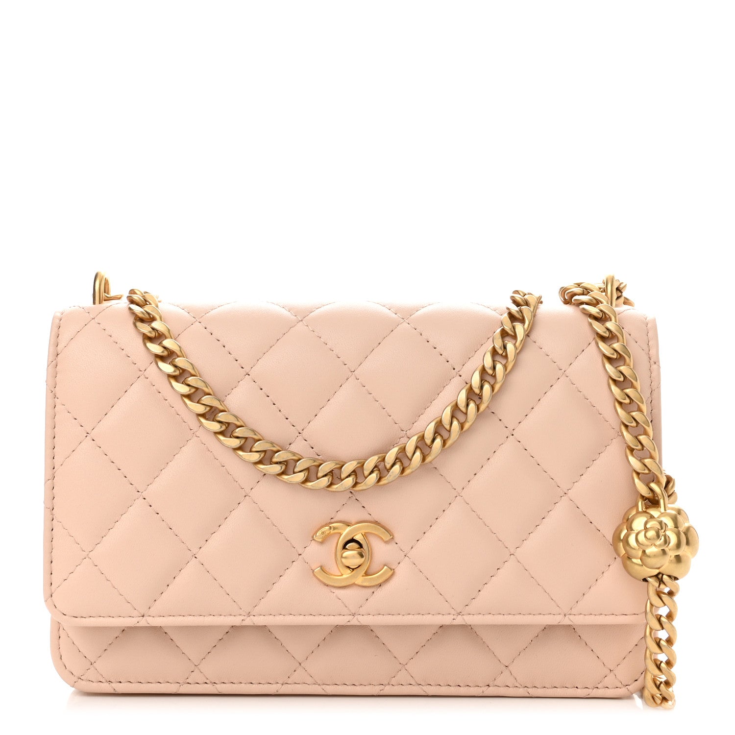 Chanel Lambskin Quilted CC Camellia Crush Wallet on Chain WOC Light Beige 1 of 10