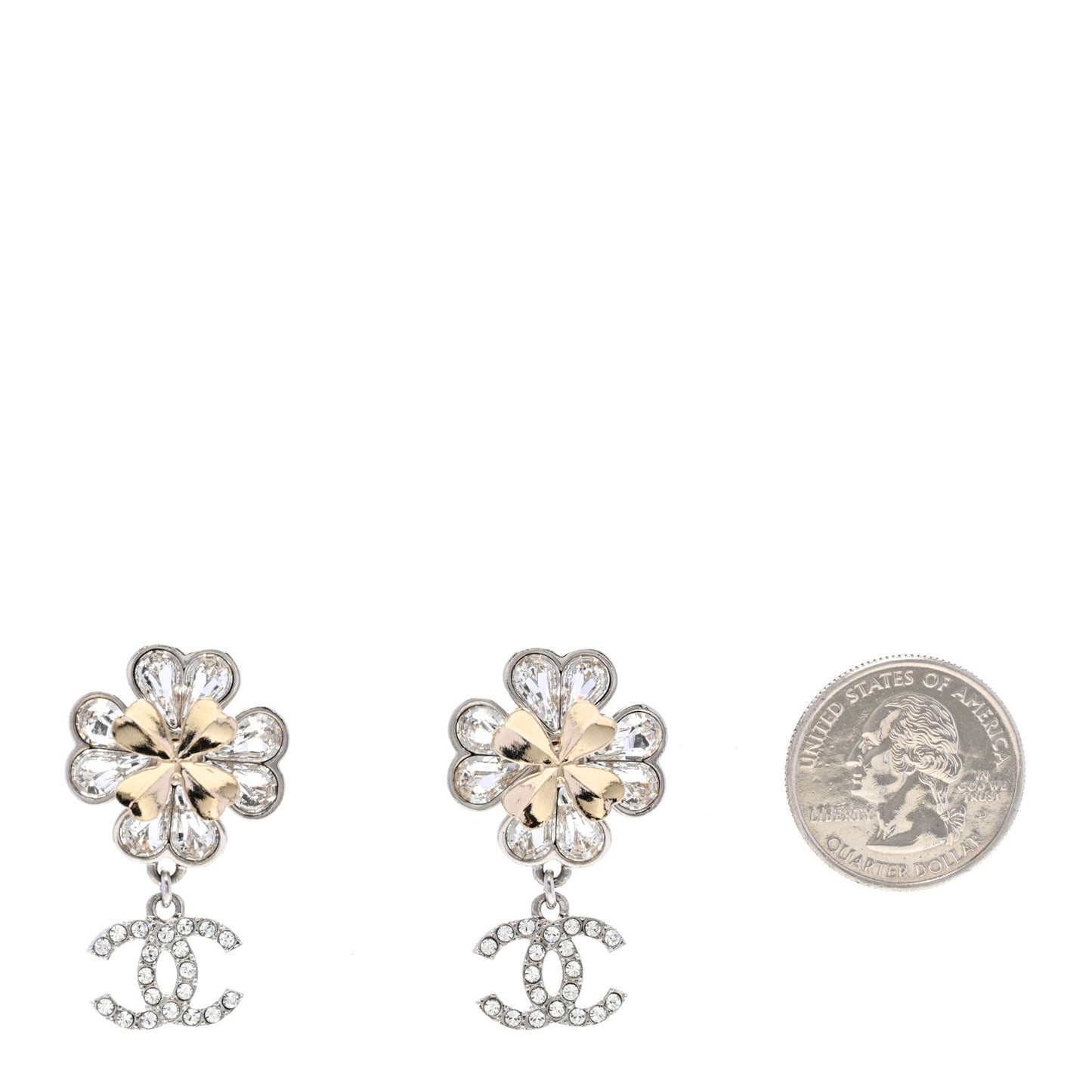 Crystal CC Clover Heart Drop Earrings Silver Gold