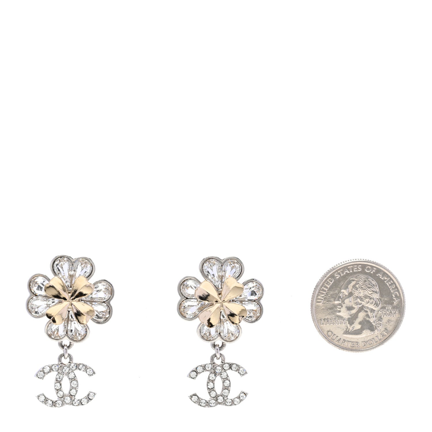 Chanel Crystal CC Clover Heart Drop Earrings Silver Gold 2 of 5