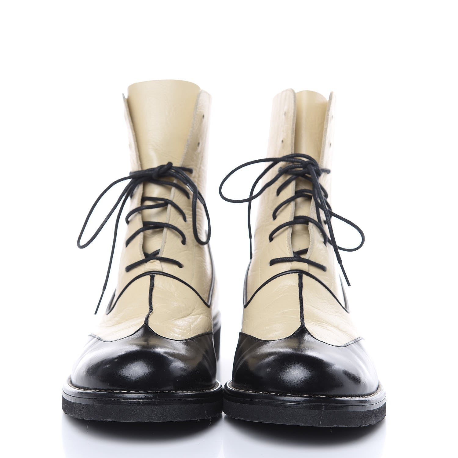 Chanel Crinkled Calfskin Wingtip Lace Up Boots 39.5 Ivory Black 2 of 10