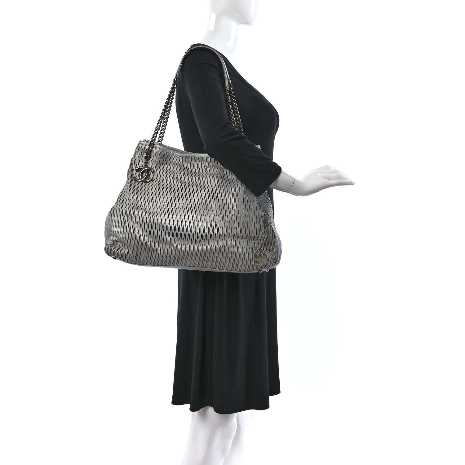 Chanel Calfskin Laser Cut Perforated CC Tote Silver 2 of 16