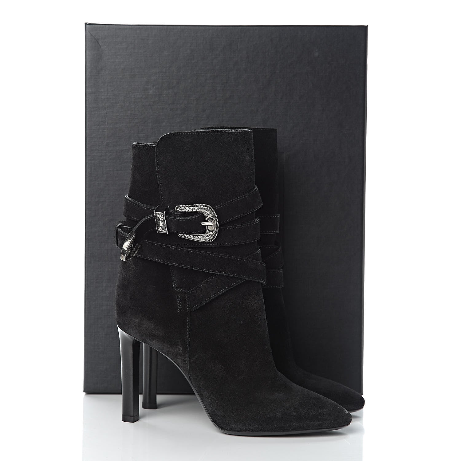 Saint Laurent Suede Mica Buckle Western Ankle Booties 37.5 Black 10 of 10