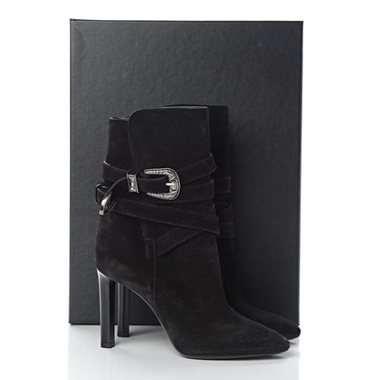Saint Laurent Suede Mica Buckle Western Ankle Booties 37.5 Black 10 of 10