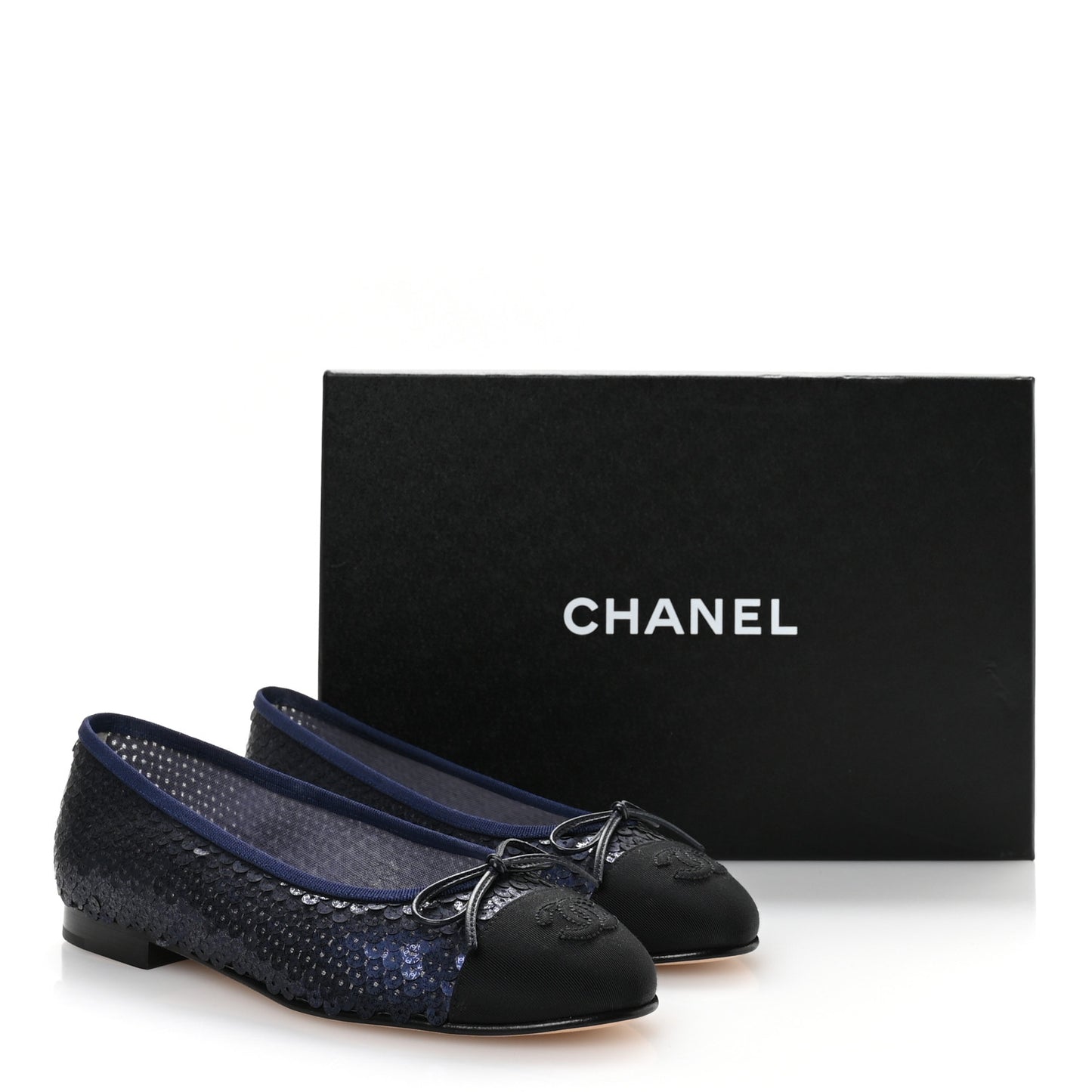 Glittered Muslin Grosgrain Cap Toe Ballerina Flats 37 Navy Blue Black