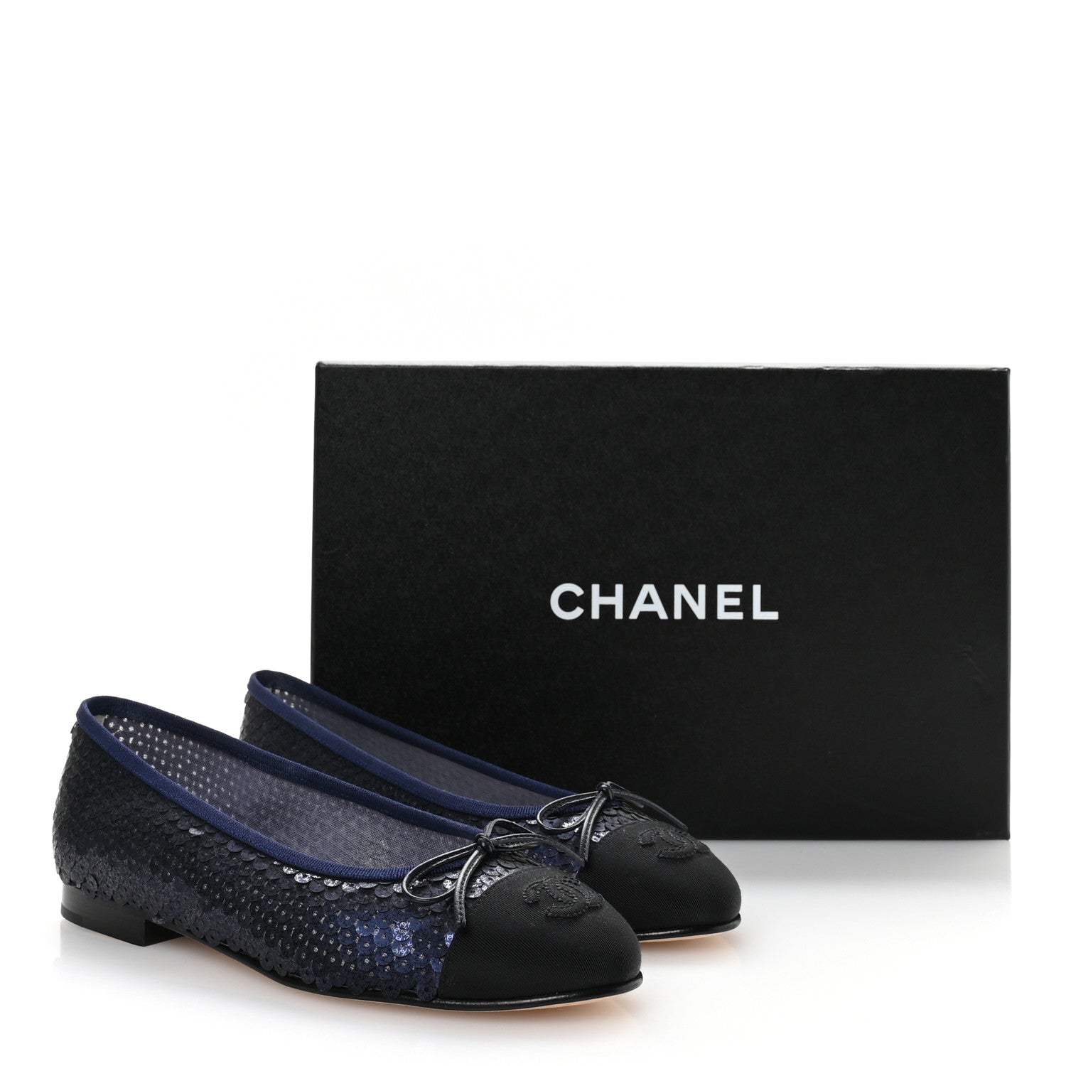 Chanel Glittered Muslin Grosgrain Cap Toe Ballerina Flats 37 Navy Blue Black 8 of 8