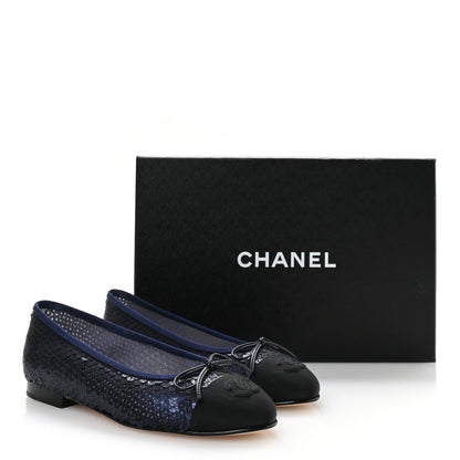 Chanel Glittered Muslin Grosgrain Cap Toe Ballerina Flats 37 Navy Blue Black 8 of 8