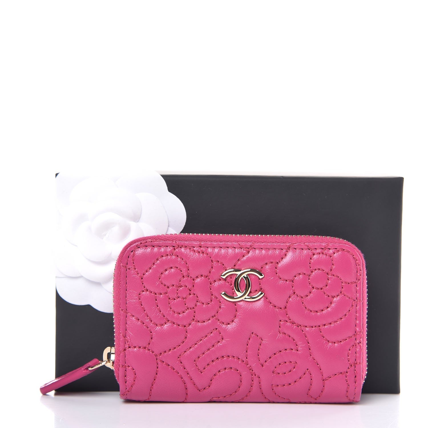 Chanel Lambskin Camellia Embossed Zip Coin Purse Pink 8 of 8