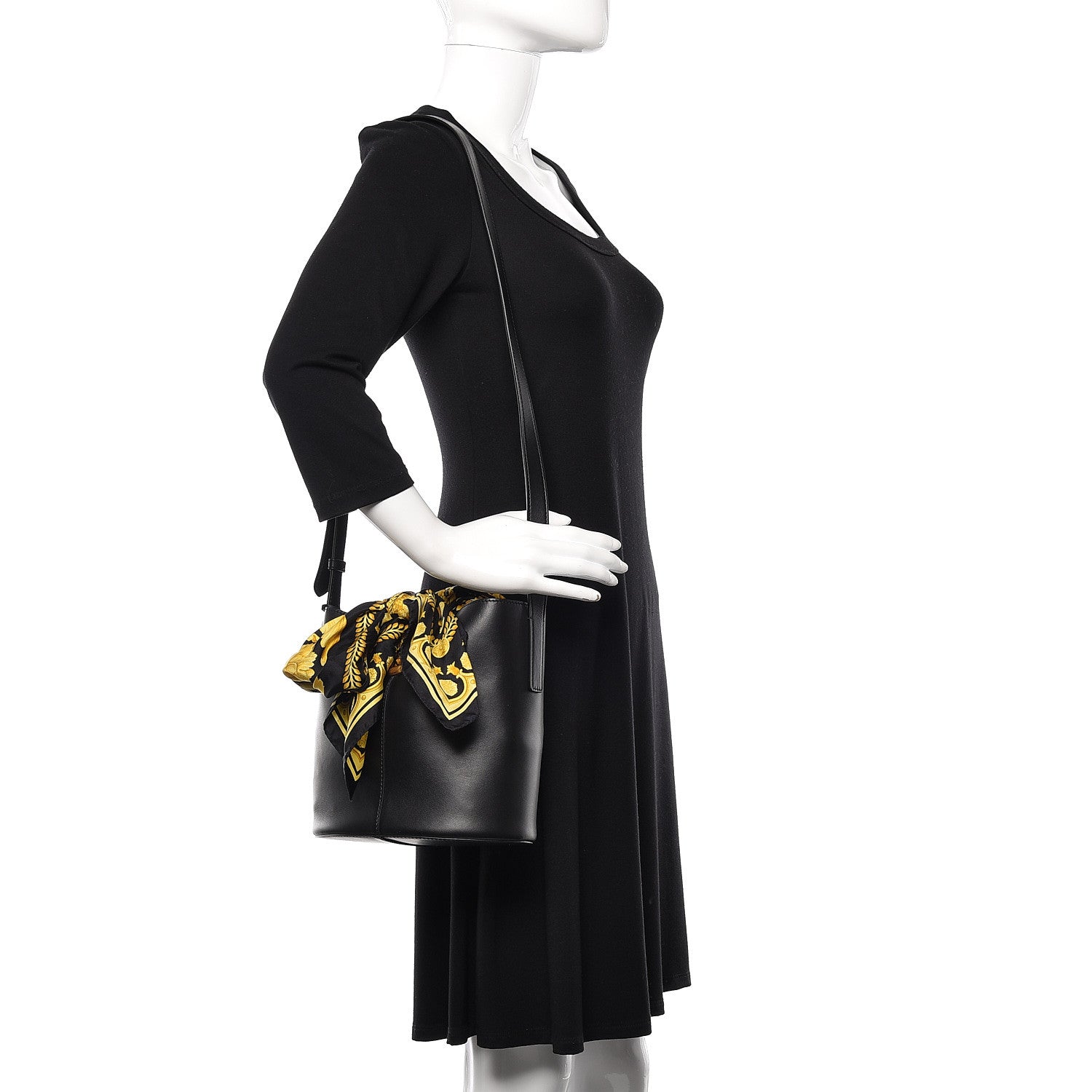 Versace Calfskin Barocco Scarf Bucket Bag Black 2 of 10
