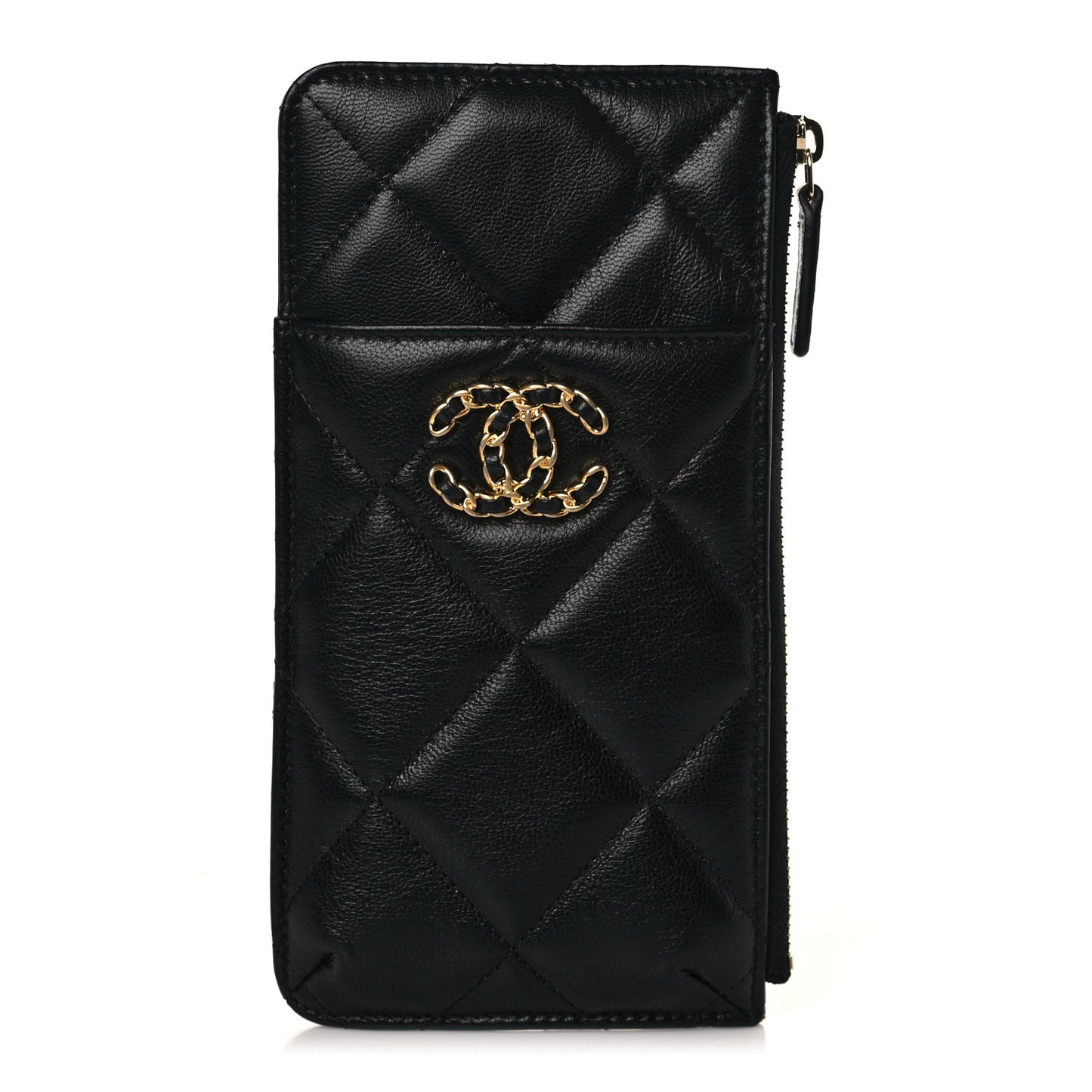 Shiny Goatskin Quilted Chanel 19 Phone and Card Holder Black