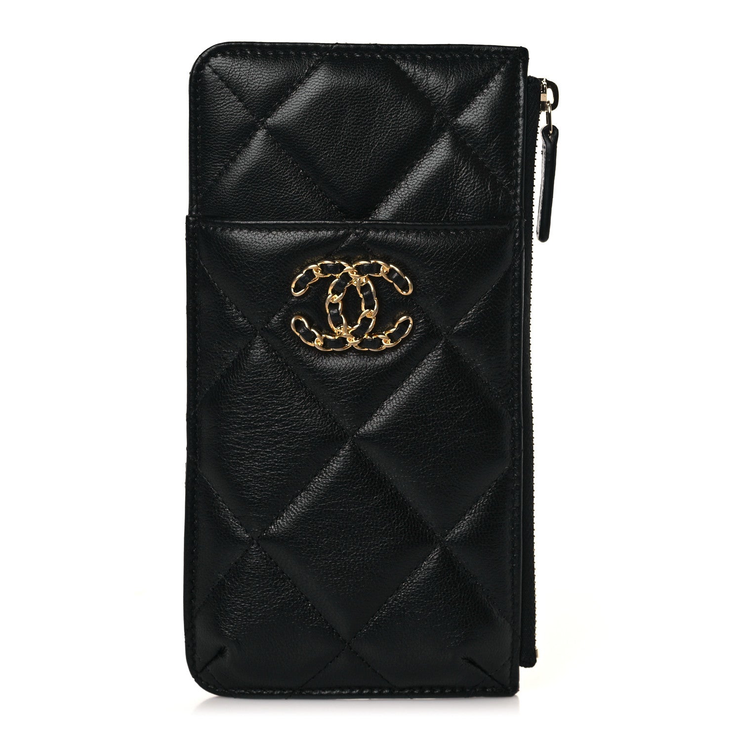 Chanel Shiny Goatskin Quilted Chanel 19 Phone and Card Holder Black 1 of 9