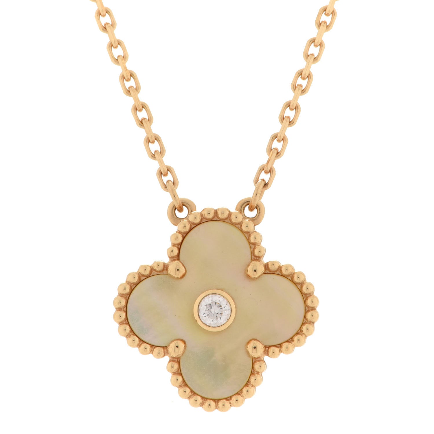 Van Cleef & Arpels 18K Yellow Gold Diamond Yellow Mother of Pearl Vintage Alhambra Pendant Necklace 4 of 7