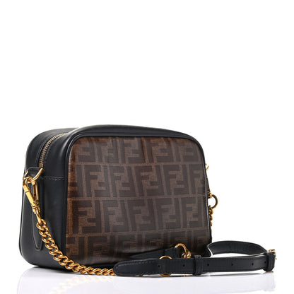 Fendi Glazed Fabric Vitello Century FF 1974 Stamp Patch Camera Case Mogano Panna Black 3 of 16