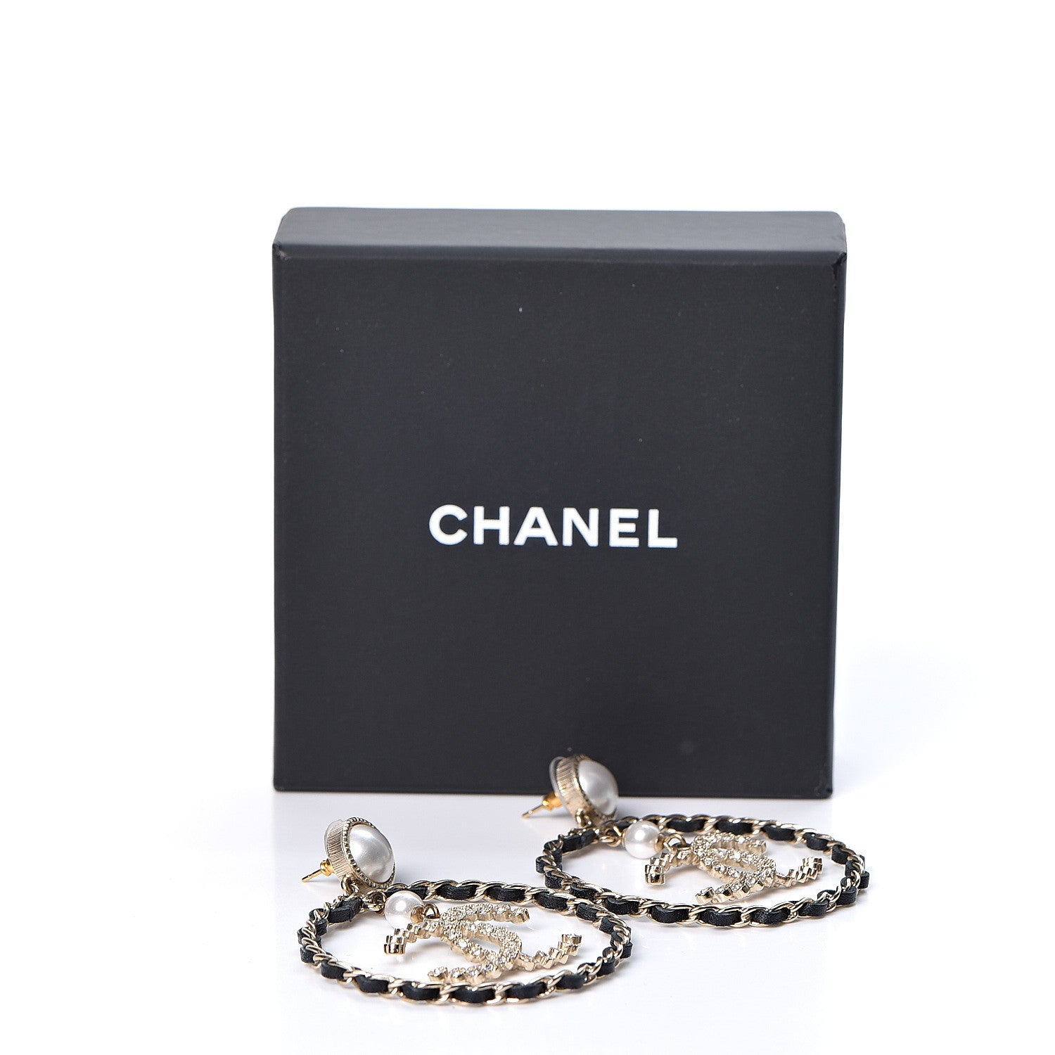 Chanel Lambskin Crystal Pearl CC Chain Hoop Earrings Gold Black 5 of 5