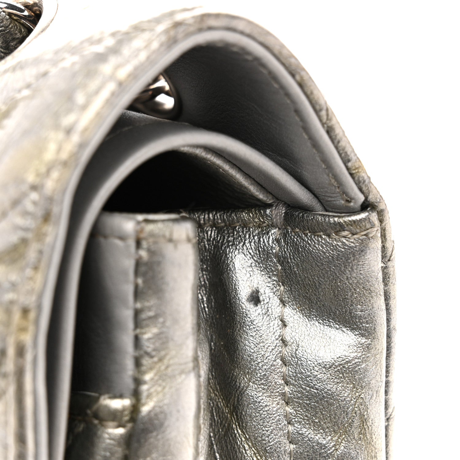 Chanel Metallic Patent Crumpled Calfskin Chevron Quilted Medium Double Flap Silver 11 of 13