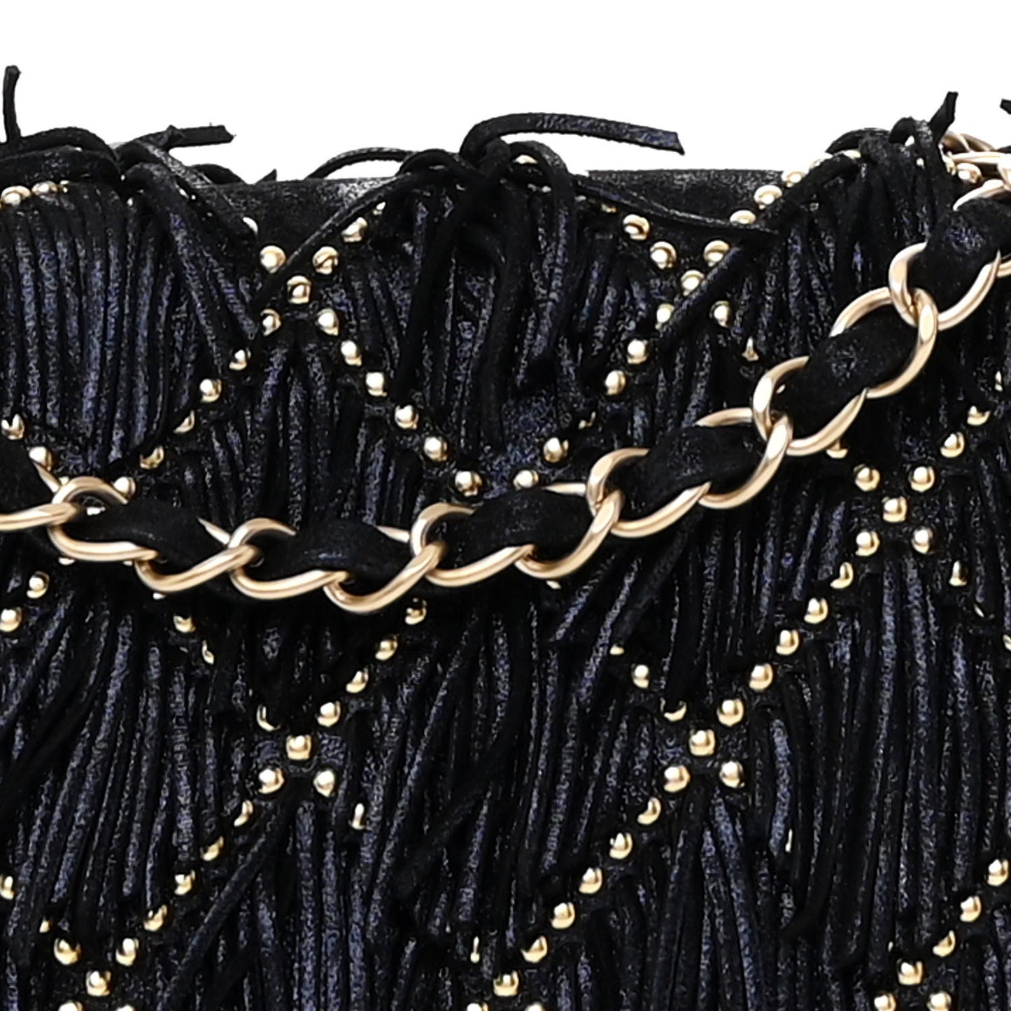 Iridescent Calfskin Quilted Studded Paris Dallas Fringe Chain Flap Blue