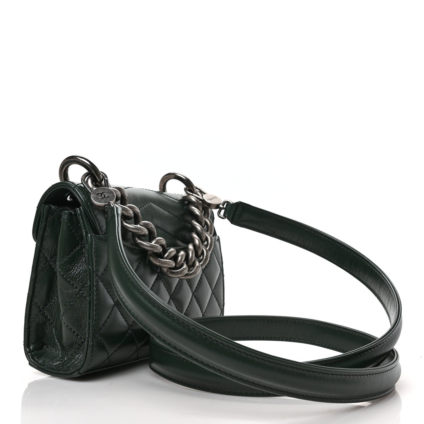 Shiny Calfskin Quilted Mad About Quilting Mini Flap Dark Green